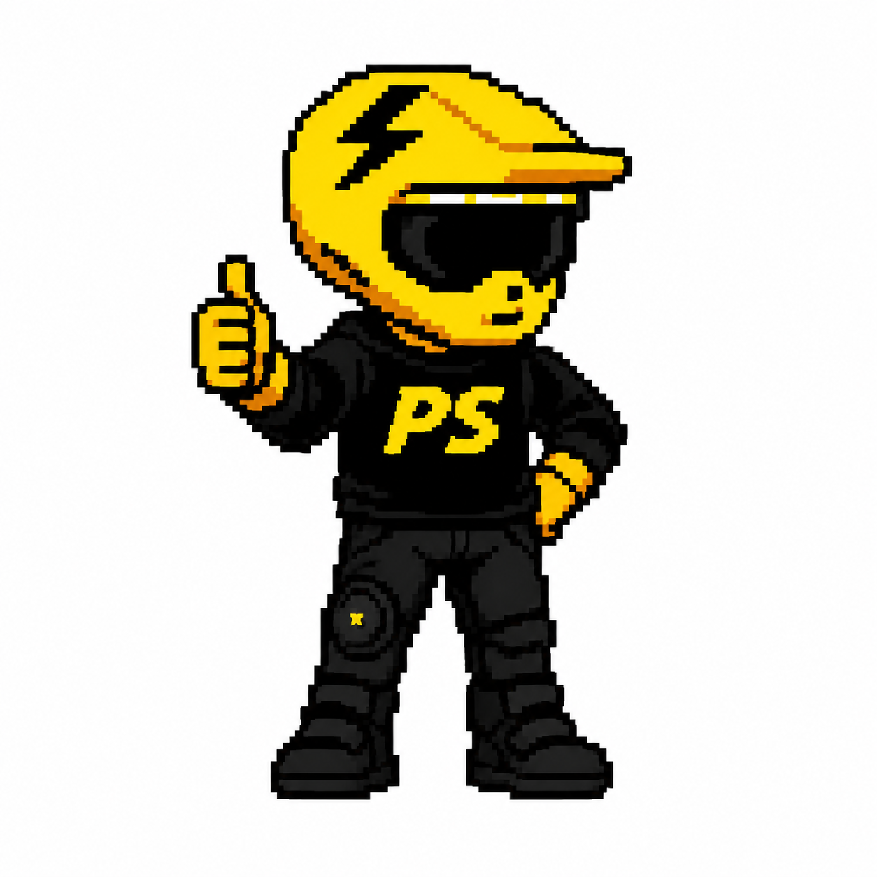 Press Start pixel rider giving a thumbs up